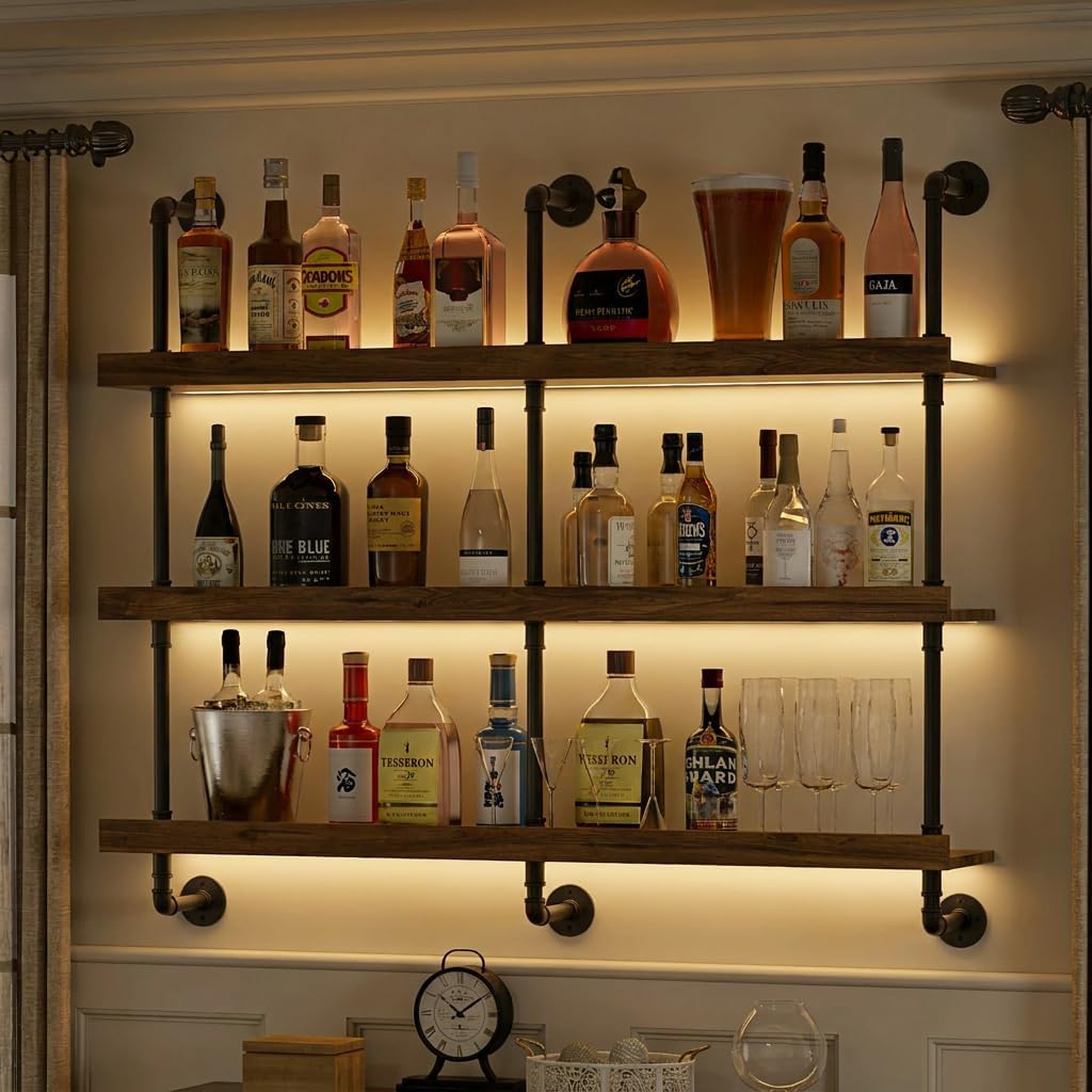 رف نبيذ معلق على الحائط مع إضا - مراجعة Wine Beer Liquor وسعره