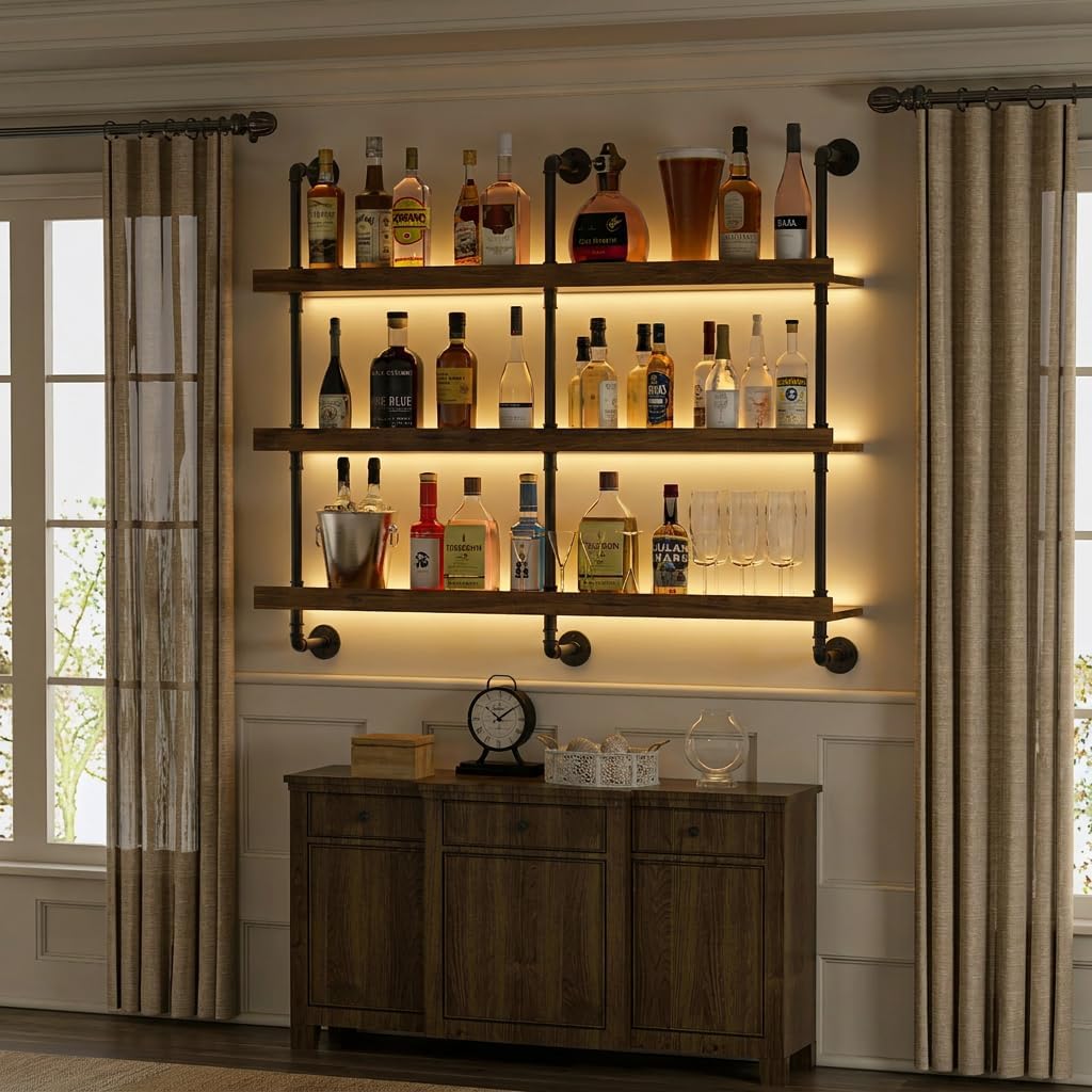 رف نبيذ معلق على الحائط مع إضا - مراجعة Wine Beer Liquor وسعره
